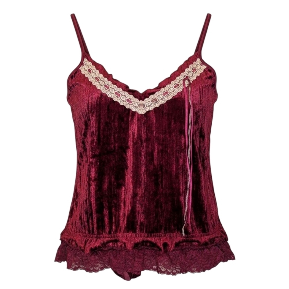 Crushed Velvet Camisole Burgundy Lace Top Medium Fairy Whimsical Cottagecore Y2K - Picture 3 of 13